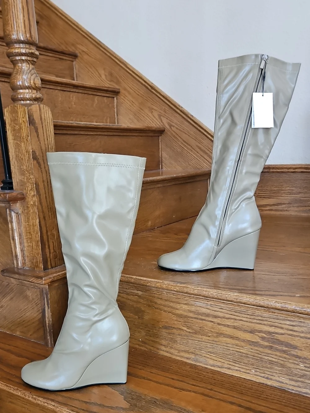 NWT Zara MidCalf Slouchy Faux Leather Wedge Boots in Light Taupe/Beige Colorway
